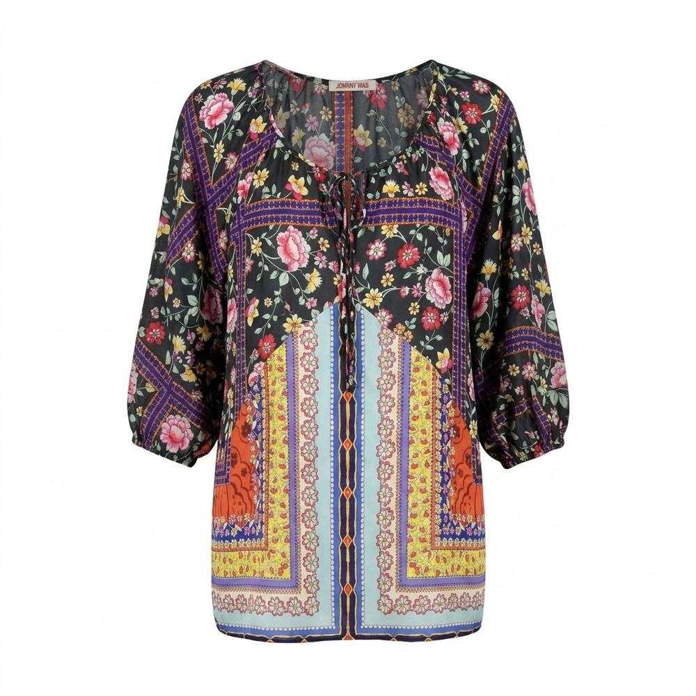 Johnny Was 100% Silk Boho Tunic Blouse 3/4 Sleeve Women See Measurements